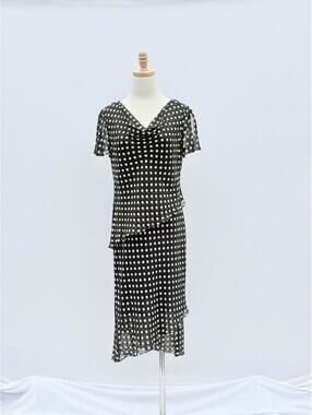 Vintage 90s 100% Silk Chiffon B&W Polka Dot Cowl Neck Tiered Midi Dress Large 8